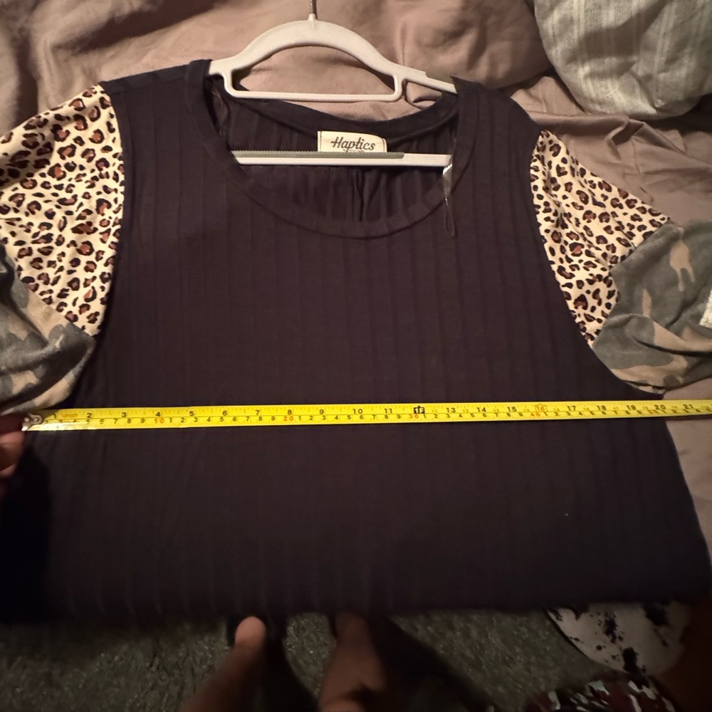 EUC Haptics Black Top with Leopard, Camo and Lace Sleeves - Picture 7 of 7